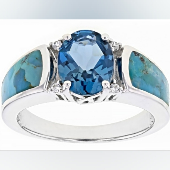 Genuine London Blue Topaz & Turquoise Ring Sterling Silver Size 7 NEW - Picture 2 of 7